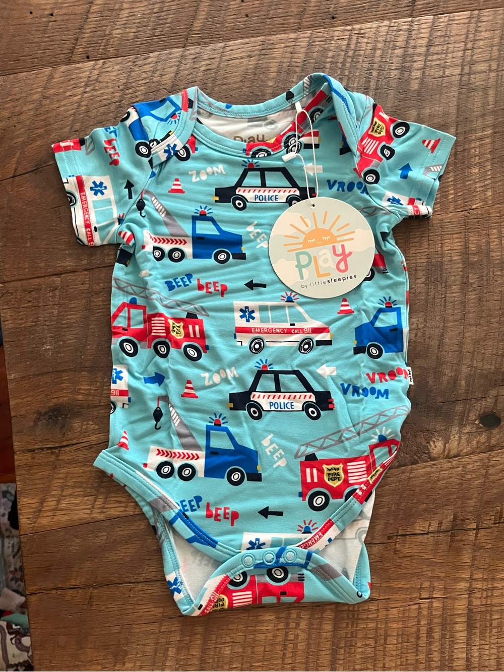 NWT Little Sleepies Light Blue Emergency Vehicle Print Baby Bodysuit